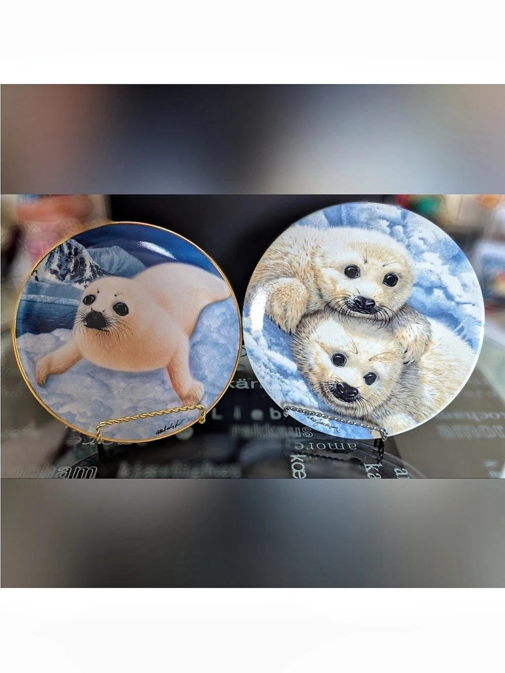 Franklin Mint Baby Seals Decorative Plate Set Blue 25& White Like New